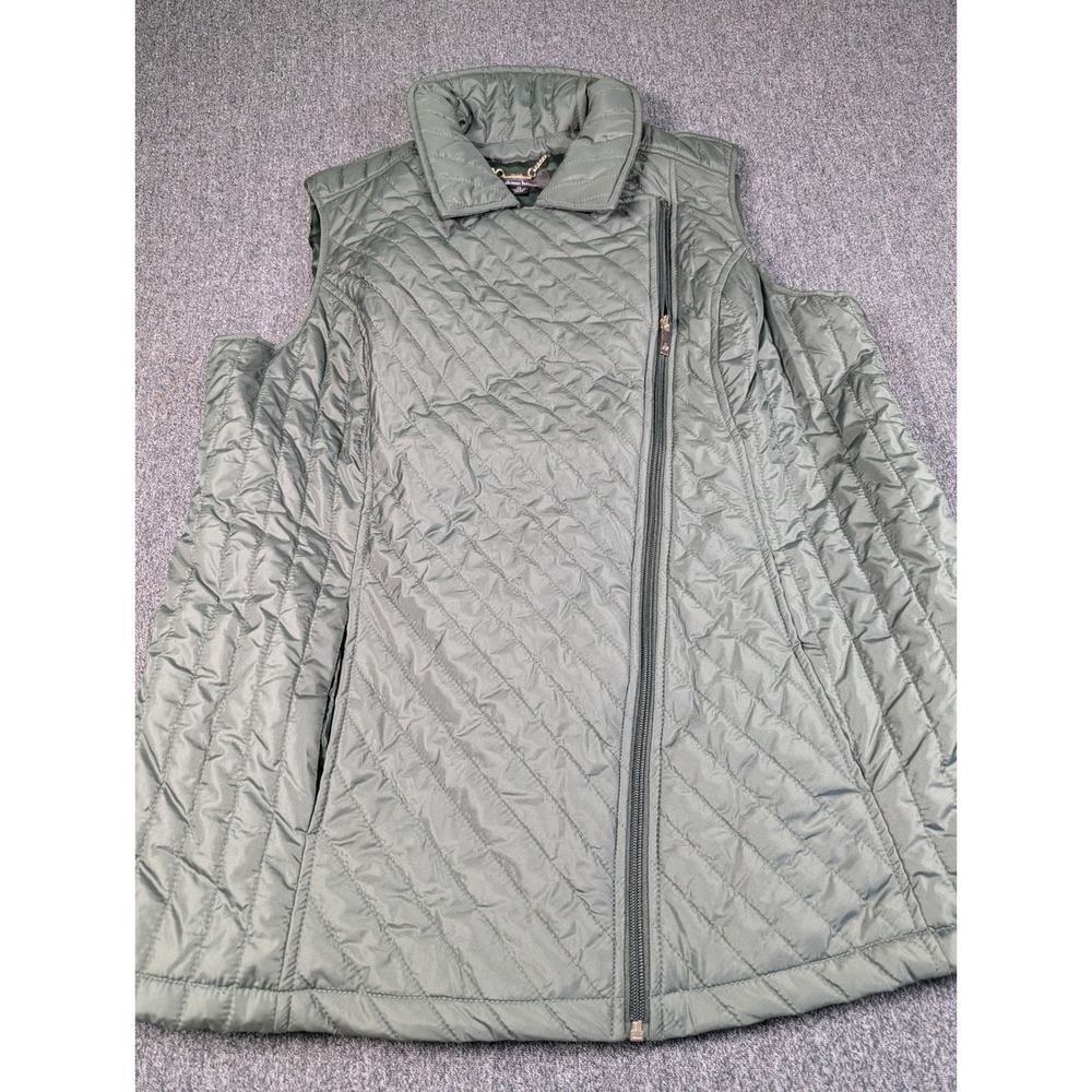 Dennis Basso Womens Olive Green Quilted Asymmetrical Zip Puffer Vest 1X